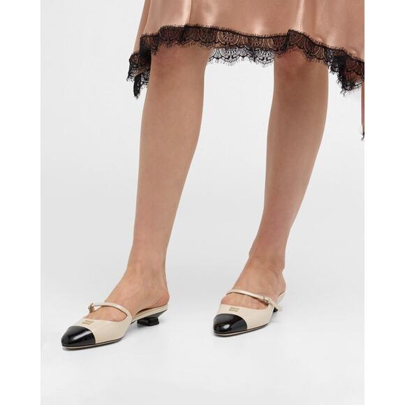 MIU MIU Ivory Black Patent Leather Mary Jane Cap-Toe Heeled Mules Size 37 US 7 - Picture 6 of 6